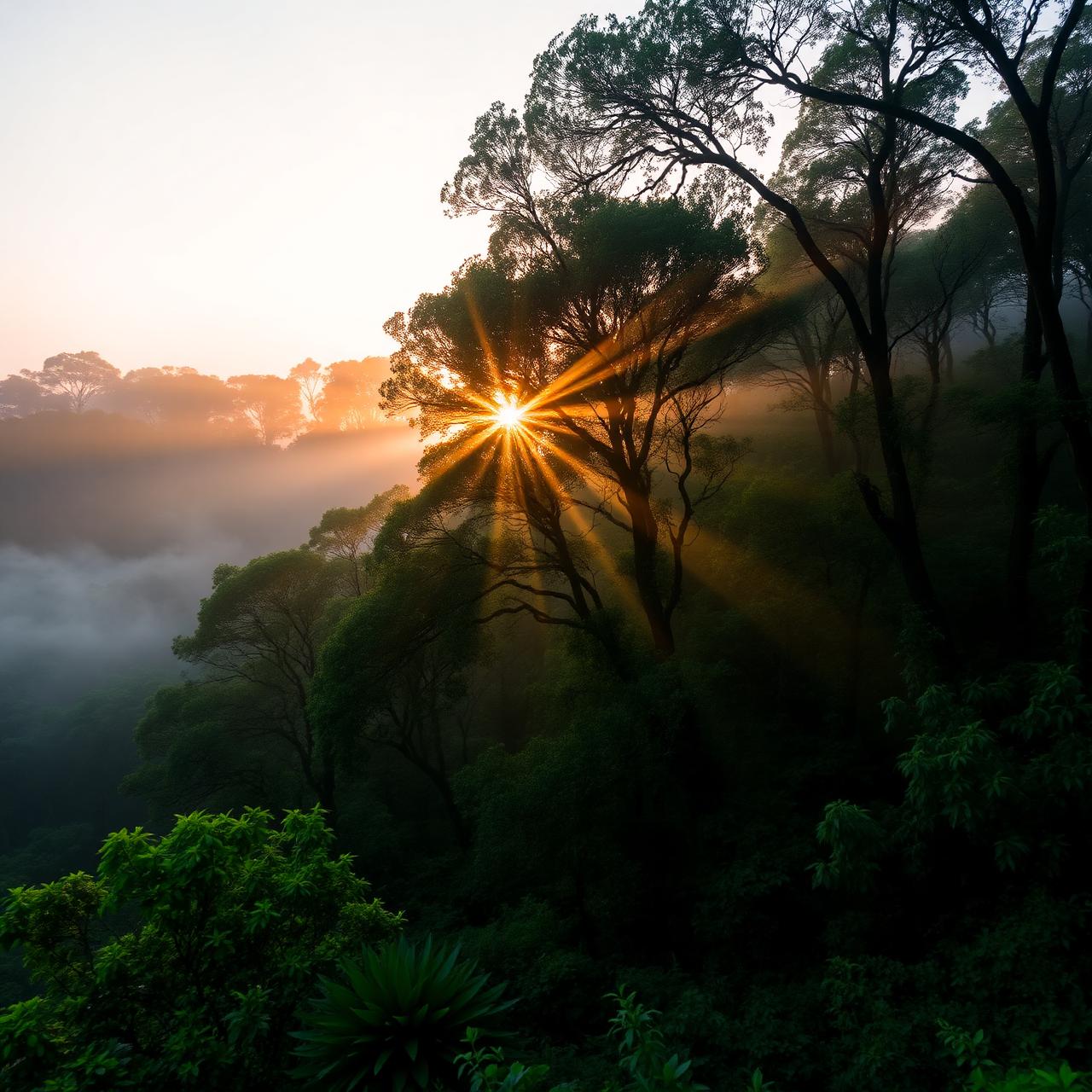 Misty Ethiopian highland forest at sunrise